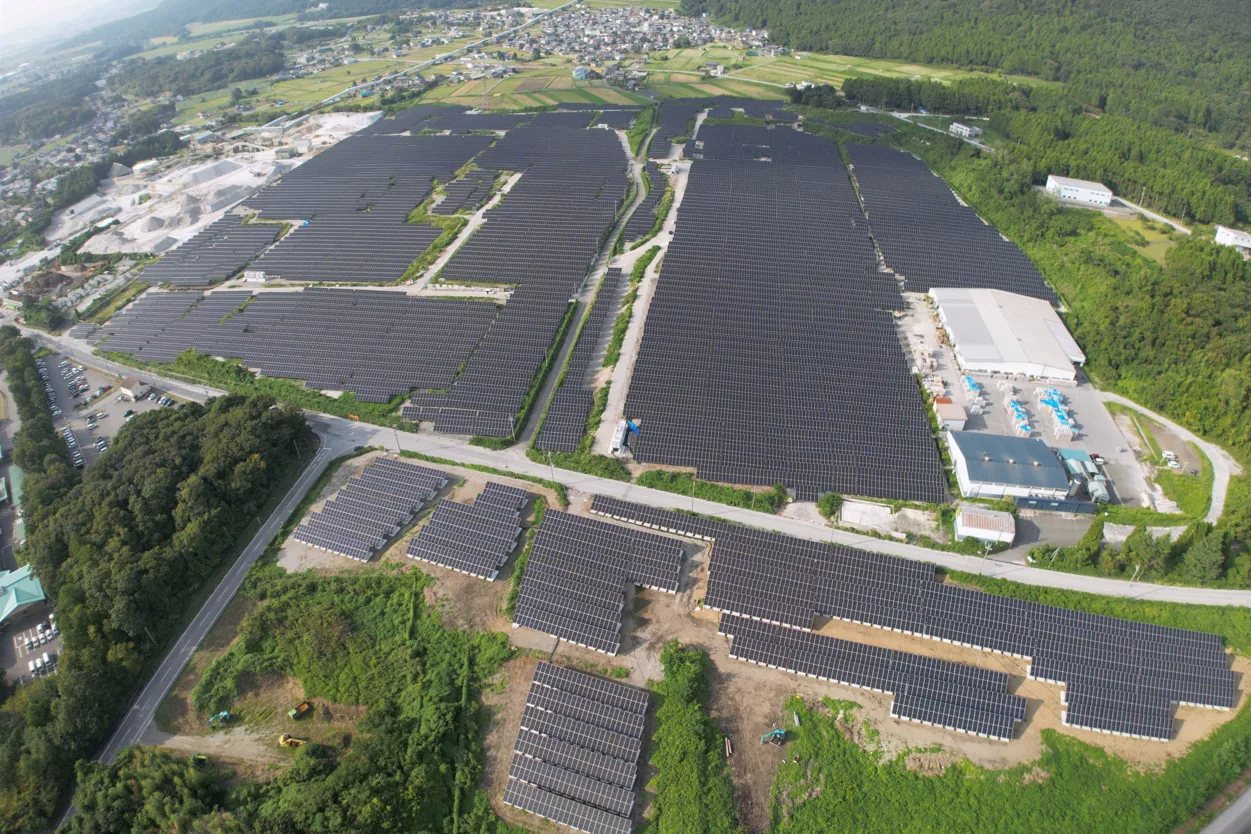 Aerial view of the 31.65 MW Maibara solar power plant in Japan.