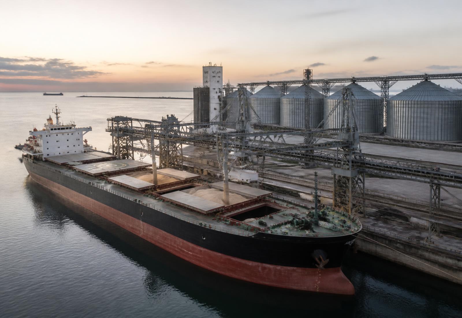 Bulk carrier loading agricultural commodities beside silos at an international port terminal at dawn.