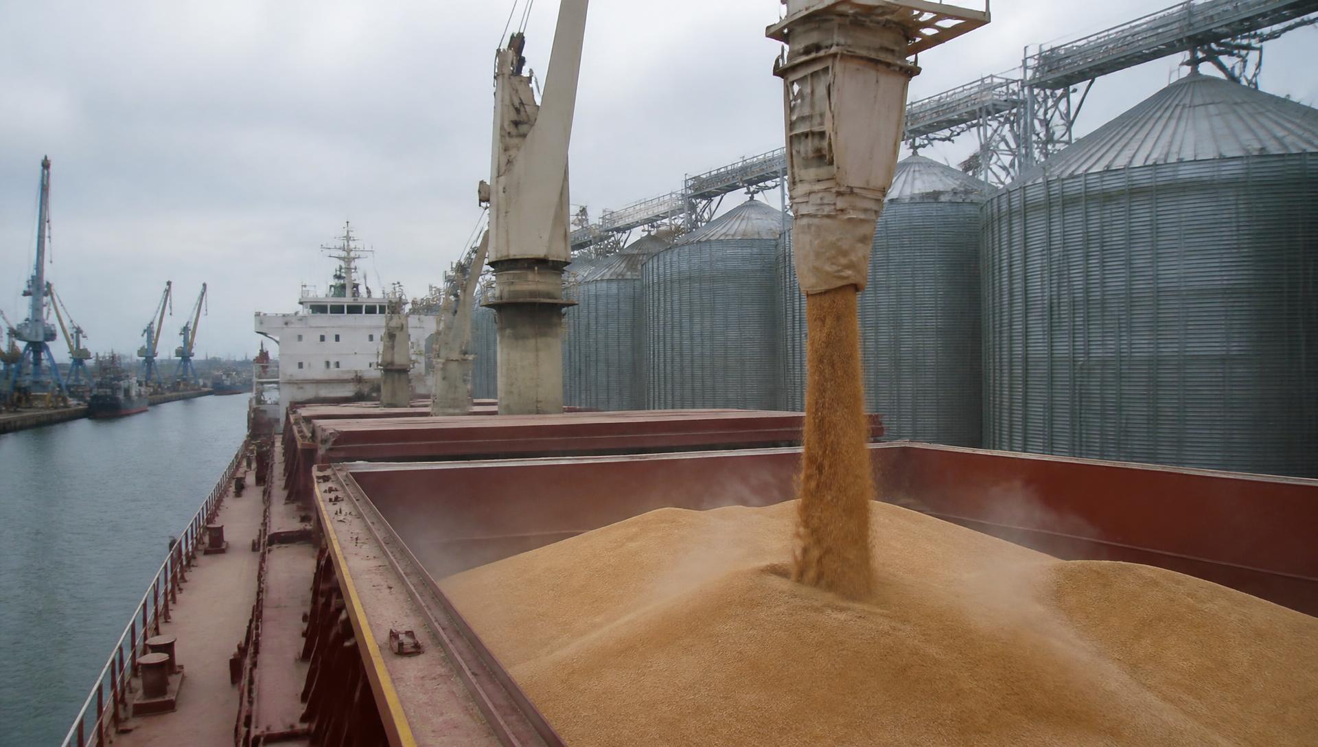 Bulk grain being loaded into a ship’s hold beside silos and cranes at an international port terminal.